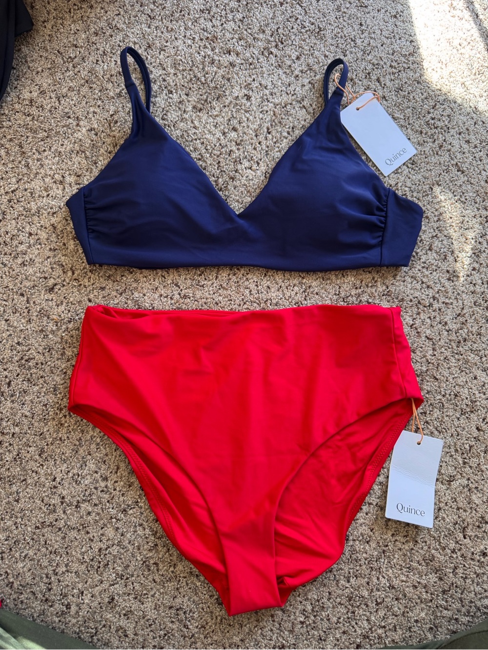 Quince Navy Triangle Bikini Top with Red High-Waist Bottoms